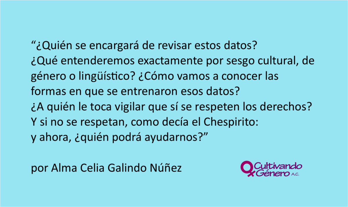 ¿Quién se encargará de revisar estos datos? ¿Qué entenderemos exactamente por sesgo cultural, de género o lingüístico? ¿Cómo vamos a conocer las formas en que se entrenaron esos datos? ¿A quién le toca vigilar que sí se respeten los derechos? Y si no se respetan, como decía el Chespirito: y ahora, ¿quién podrá ayudarnos?