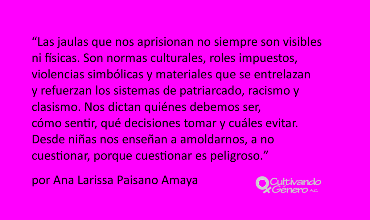Las jaulas que nos aprisionan no siempre son visibles ni físicas. Son normas culturales, roles impuestos, violencias simbólicas y materiales que se entrelazan y refuerzan los sistemas de patriarcado, racismo y clasismo. Nos dictan quiénes debemos ser, cómo sentir, qué decisiones tomar y cuáles evitar. Desde niñas nos enseñan a amoldarnos, a no cuestionar, porque cuestionar es peligroso